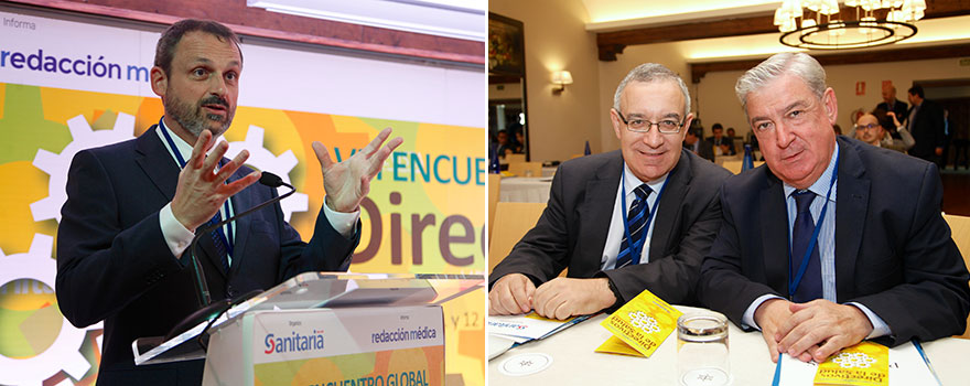 Iñaki Moreno, responsable de Medios Sociales de Sanitaria 2000. A la izquierda, José Soto, gerente del Hospital Clínico San Carlos; y Félix Bravo, gerente del Hospital Príncipe de Asturias.