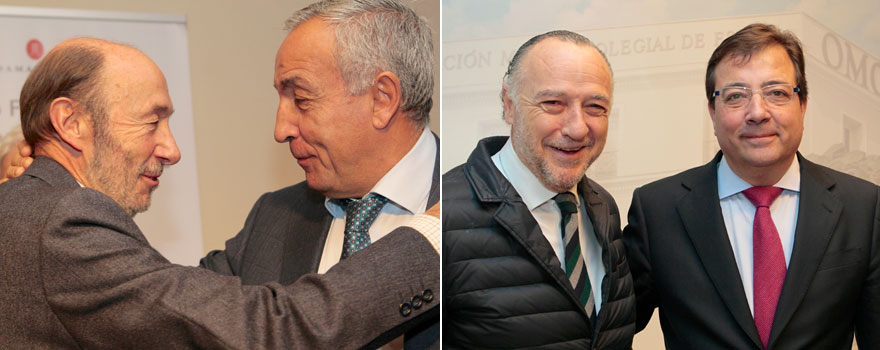 A la izquierda, Alfredo Pérez Rubalcaba saluda a Alejandro Blanco, presidente del Comité Olímpico Español. A la derecha, José María Pino con Guillermo Fernández Vara.