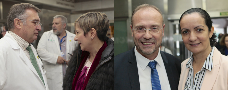 (Foto izquierda)  Agustín Utrilla,director médico del Ramón y Cajal, y María Luz de los Mártires gerente de Asistencia de Atención Hospitalaria del Sermas. (foto derecha) Julio Zarco, director general de Coordinación de la Atención al Ciudadano y Humanización de la Atención de la Asistencia Sanitaria, junto a Carmen Yolanda Fuentes, directora general de Salud Pública. 