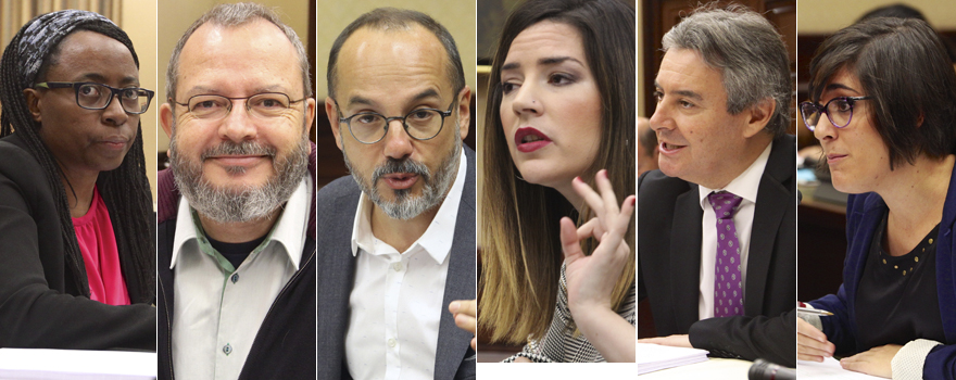 Rita Bosaho, diputada de Unidos Podemos; Joan Olòriz, portavoz de ERC; Carles Campuzano, diputado del Grupo Mixto; Ana Terrón, diputada de Unidos Podemos; Rubén Moreno y Marta Sorlí, diputada del Grupo Mixto. 