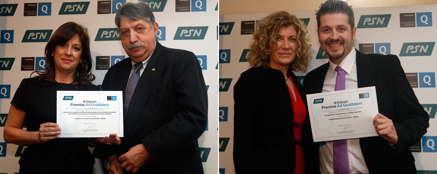 Mercedes Ortiz, responsable de calidad del Hospital Universitario de Fuenlabrada, y Miguel Triola Fort, vicepresidente segundo de PSN. A la derecha, Susana Gómez-Lus, directora médica y de Relaciones Institucionales de Lundbeck; y Gabriel Heras La Calle, médico especialista en Cuidados Intensivos del Hospital Universitario de Torrejón.