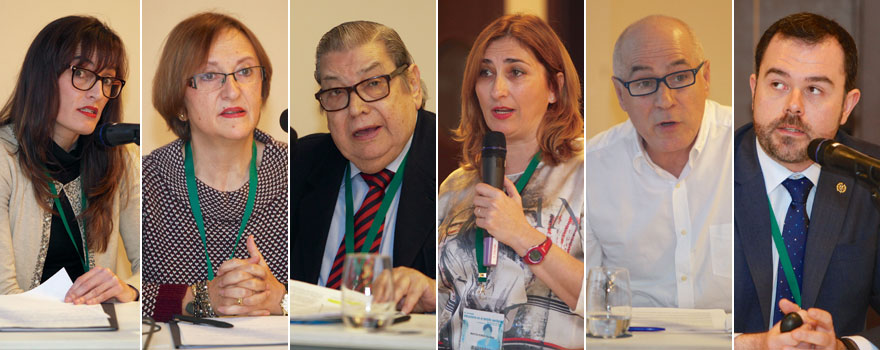 Rocío Práxedes, secretaria del Consejo General de Dietistas Nutricionistas de España; María Esther Fontán, presidenta de Aims; Ángel Rodríguez, presidente de la Comisión de Intrusismo del Consejo General de Odontólogos; Yolanda Marcén Román, vocal de la Junta de Gobierno del Ilustre Colegio de Fisioterapeutas de Aragón;  Antonio Clemente, secretario de la Junta de Gobierno del Consejo de Colegios de Logopedas; y Borja Pérez, miembro de la Comisión de Intrusismo del Consejo General de Colegios Oficiales de Podologos de España.