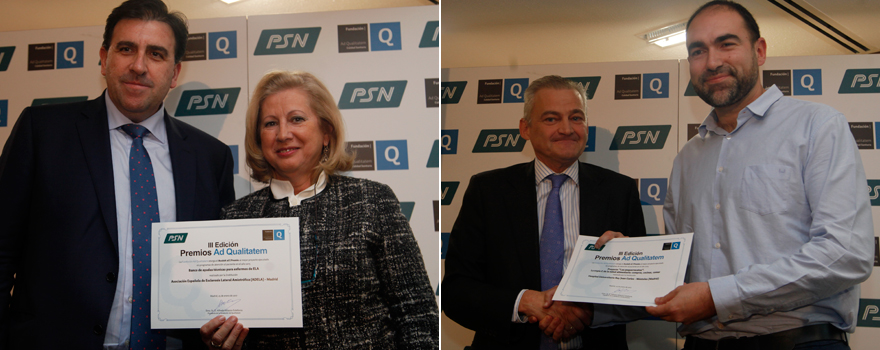 Ángel Capuchino, responsable del Área de Hospitales de Laboratorios Janssen; y Adriana Guevara, presidenta de la Asociación Española de Esclerosis Lateral Amiotrófica. Roberto Arranz, director comercial de Oximesa; e Iván Carabaño, jefe de Servicio de Pediatría del Hospital Universitario Rey Juan Carlos.