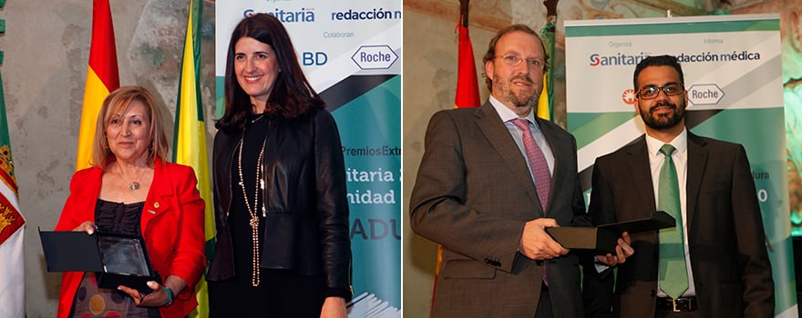 Isabel Rolán Merino, presidenta de la Asociación Oncológica Extremeña, con Mónica Palomanes, directora regional de Access & Business de Roche. A la derecha, Luis Pinilla Albarrán, gerente del Hospital Quirónsalud Clideba, y José González Andrade, alcalde de Olivenza.