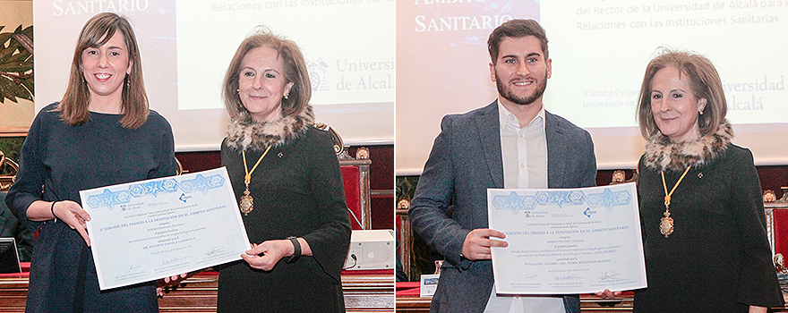 María Julia Buján, delegada del Rector de la Universidad de Alcalá para el Ámbito de las RRII Sanitarias, entrega el diploma a Laida Elberdín y el premio a David Romero (quien recoge en nombre de Isabel Belinchón) en la categoría Dermatología (Psoriasis).