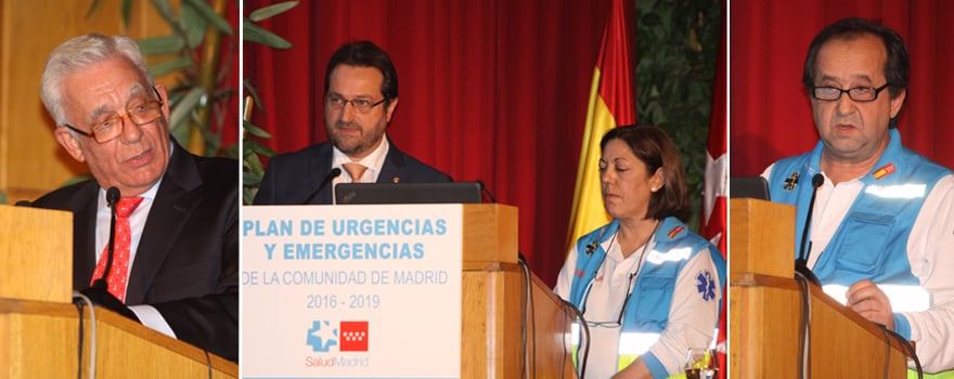 Sánchez Martos; Fernando Prados, exresponsable del Sermas y María José Fernández, subdirectora médico del Summa 112, durante su presentación. A su derecha, Busca.