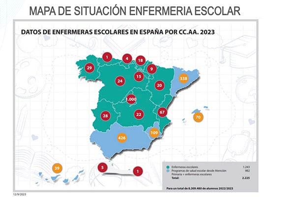 Mapa de la situación de enfermería escolar en España.