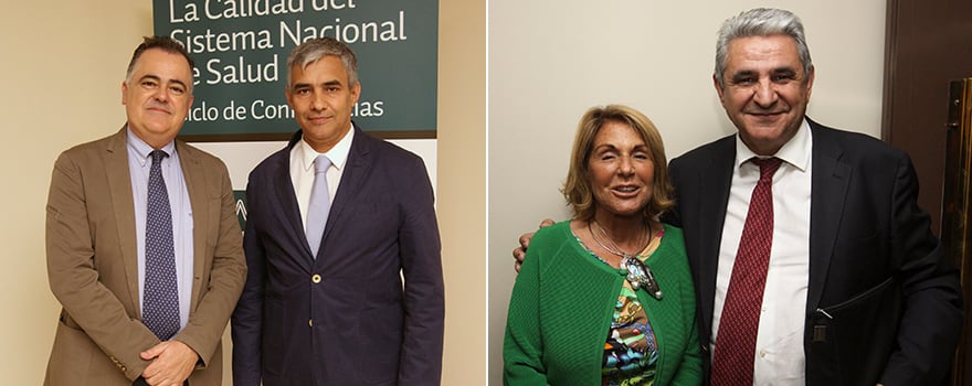 Óscar Arroyo, responsable de relaciones con la Administración de Pfizer, y Guillermo Schwartz, presidente del Colegio de Farmacéuticos de Santa Cruz de Tenerife. A la derecha, Carmen Rodríguez, vicepresidenta de PSN, y Cándido Lozano, gerente de Sanidad de Ferrovial.