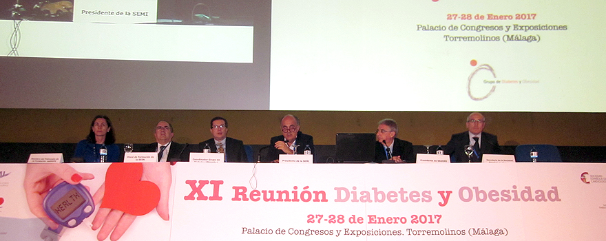 De izq. a dcha.: Sara Artola, miembro del Patronato de la Fundación Redgdps; Carlos Morillas, vocal de Formación de la Sociedad Española de Endocrinología y Nutrición (SEEN); Javier Ena, coordinador del Grupo de Diabetes y Obesidad de la SEMI; el presidente de esta sociedad científica, Antonio Zapatero; Enrique Calderón, presidente de la Sociedad Andaluza de Medicina Interna (Sademi); y Fernando Gómez Peralta, secretario de la Sociedad Española de Diabetes (SED), durante la inauguración de la XI Reunión Diabetes y Obesidad de la SEMI.