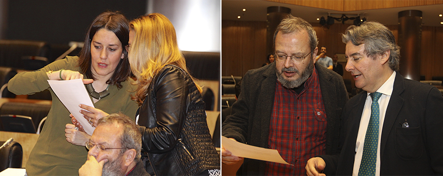 Ana Marcello discute con una portavoz del PP y Joan Olóriz, diputado de ERC, discute con Rubén Moreno, del PP-