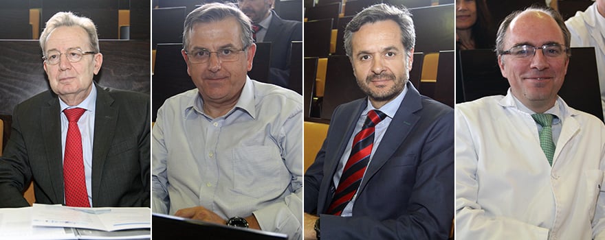 En la primera imagen, Ignacio Para, presidente de la Fundación Bamberg. Le sigue Juan José Quijano, director de Investigación e Innovación de Sanitas; Juan Luis García, gerente de Cuentas de GFI; y Antonio Cubillo, jefe del Servicio de Oncología del Centro Integral Oncológico Clara Campal HM Ciocc.