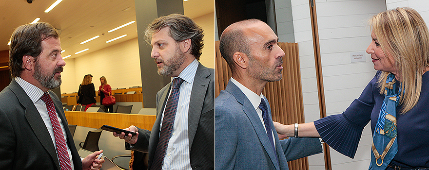 Carlos Rus, secretario general de ASPE, junto a Antonio Martínez-Brocal, director de Recursos Humanos del Hospital Moncloa. A la derecha: Ricardo Martínez, director general de Sanitaria2000 charla con la presidenta de ASPE, Cristina Contel.