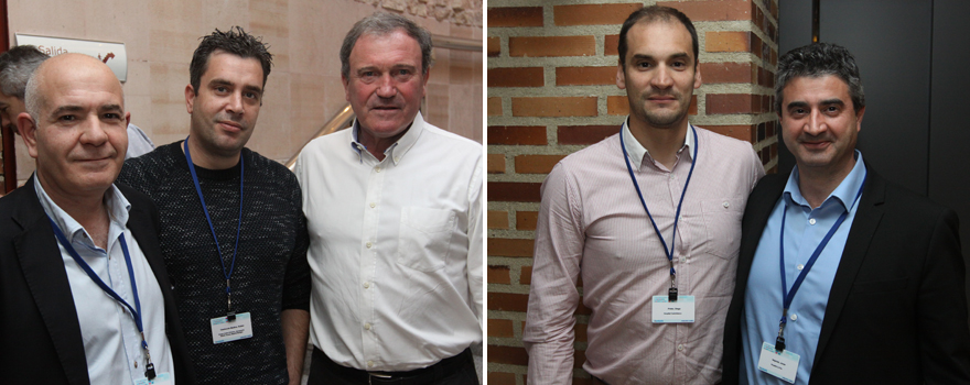 Mario Hernández, de la Asociación Española de Ingeniería Hospitalaria (AEIH); Rubén Vaamonde Medina, encargado general de Electromecánicas del Grupo Cobra División, Aeropuerto Adolfo Suarez Madrid Barajas; y José Luis Ibarburu, jefe del Servicio de Proyectos e Infraestructuras del Hospital Universitario Donistialdea. A la derecha, Diego Prieto, ingenierio del Servicio de Mantenimiento del Hospital La Paz; y  Javier Negredo, jefe del Servicio de Mantenimiento del mismo centro.