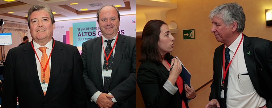 Luis Blázquez, director comercial de Carburos Médica; y Javier Godoy, director de la misma entidad. En la imagen de la derecha, Leire Sopuerta, responsable de Relaciones Institucionales de Sanitaria 2000; y Javier Marión, gerente del Servicio Aragonés de Salud.