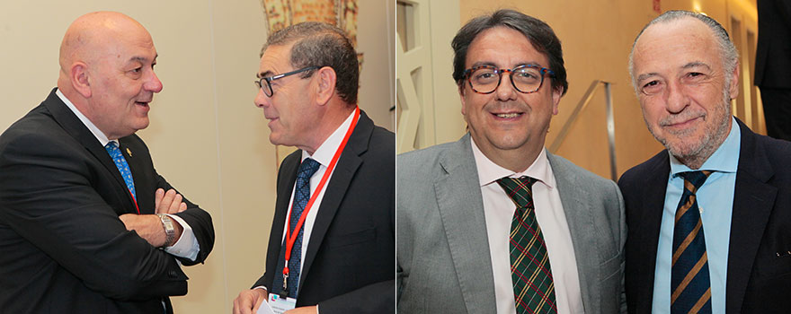 Pablo Alarcón, director general de RRHH de la Consejería de Sanidad de Murcia; y José Miguel Acitores, director de Asistencia Sanitaria del Hospital San Pedro de la Rioja. A la derecha, José María Vergeles, consejero de Sanidad de Extremadura; y José María Pino, presidente de Sanitaria 2000.