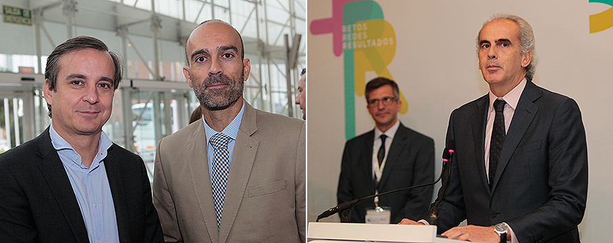 Carlos Fagés, regional market access manager de Novartis, junto a Ricardo López. En la imagen de la derecha, un momento de la intervención del consejero de Sanidad madrileño en la inauguración.