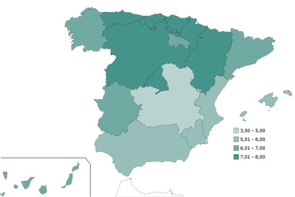 Tasa de médicos colegiados por cada 1.000 habitantes.