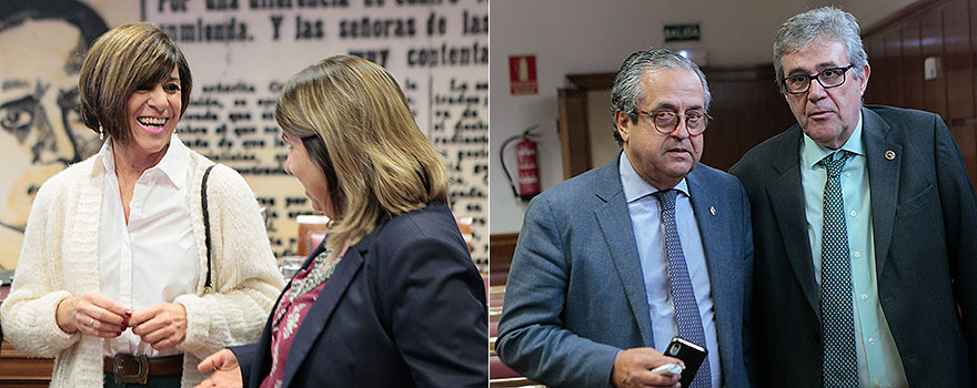 La presidenta de la Comisón, María del Carmen de Aragón, charla con Concepción Palencia. A la derecha, Antonio Alarcó, llega a la sala Concepción Arenal con el Vicepresidente primero de la Mesa de la Comisión, Francisco José Fernández.