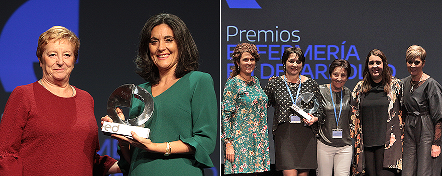 A la izquierda la entrega del premio de Innovación y Creatividad; a la derecha, María José Rey y su equipo recogen el premio Vivesoy de Autocuidado. 