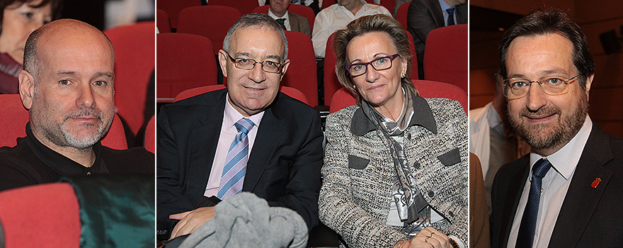 Luis Mosquera, presidente de la Asociación Española de Ingeniería Hospitalaria (AEIH); José Soto, gerente del Clínico San Carlos; Lourdes Martínez, gerente de Cuidados del Sermas; Fernando Prados, viceconsejero de Humanización de la Asistencia Sanitaria de la Consejería de Sanidad.