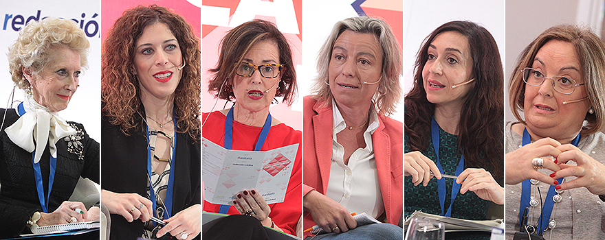  Pilar Fernández, vicepresidenta del Consejo General de Enfermería; Miriam Alconchel, portavoz adjunta del PSOE en la Comisión de Sanidad del Congreso de los Diputados; Marta Fernández-Teijeiro, presidenta del Colegio de Farmacéuticos de Cantabria; María Isabel Albás, portavoz de Ciudadanos en la Comisión de Salud del Parlamento de Andalucía; Isaura Navarro, portavoz de Compromís en la Comisión de Sanidad de las Cortes Valencianas y Pilar Bartolomé, secretaria de Salud Laboral de la Confederación Estatal de Sindicatos Médicos (CESM).