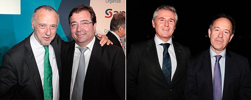 A la izquierda, José María Pino junto a Guillermo Fernández Vara. A la derecha, Gonzaga Garat, director comercial de General Electric Healthcare España, y Luis Campo, presidente de la misma compañía. 