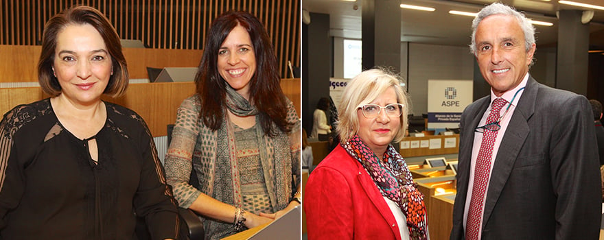 A la izquierda, María Ruiz y Débora Jiménez, responsables del Área Asistencial de Madrid de Sanitas. A la derecha, Pilar Monaje, directora de Enfermería del Hospital Beata María, con José Cordero, gerente de Hospitales Católicos de Madrid. 