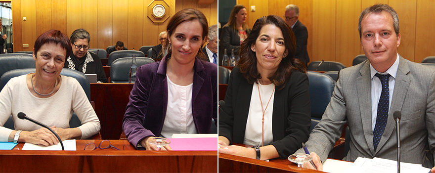 Carmen San José y Mónica García, portavoces de Podemos en la Comisión de Sanidad; A la derecha, Mónica Marbán, portavoz adjunta de Ciudadanos, y Veloso.