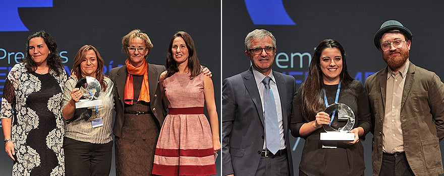 El equipo de Belén Toribio Rubio, enfermera del Hospital de Fuenlabrada, recoge su premio; A la derecha, Jessica Maneiro, posa con su premio al mejor trabajo de fin de grado. 