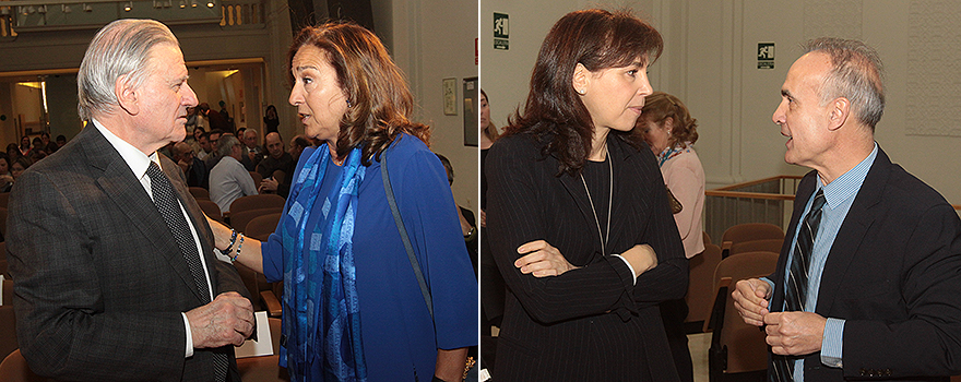 En la imagen de la derecha Valentín Fuster saluda a Carmen Vela antes de empezar el Encuentro de ISCIII. A la derecha, Pilar Garrido, jefa de Sección de Oncología Médica en el Hospital Universitario Ramón y Cajal, charla con Jesús Fernández Crespo.