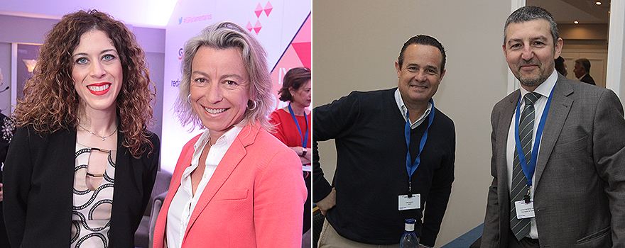 A la izquierda, Miriam Alconchel con María Isabel Albás. A la derecha, Félix Benguría, director regional de Relaciones Corporativas en Sanofi posa con Andoni Lorenzo.