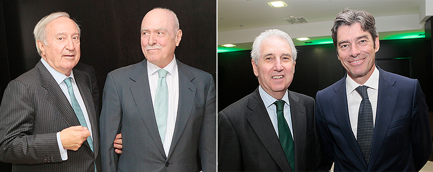 Juan López Belmonte-Encina junto a Fernando de Almansa, consejero independiente de Rovi. A continuación, Enrique Castellón, consejero coordinador de Rovi, y Borja Guinea, de KPMG. 