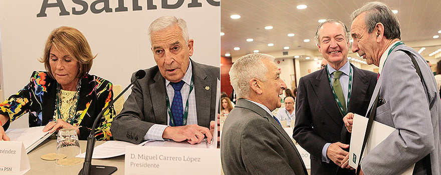 A la izquierda, Carmen Rodríguez y Miguel Carrero preparan su intervención en la Asamblea General Ordinaria; a la derecha, Carrero conversa con Burgueño y García Romero.