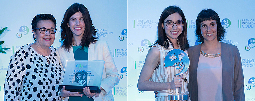 A la izquierda, Llanos González entrega el quinto premio a Susana Millán. A la derecha, Alicia del Río recibe el accésit de Enfermería Joven de manos de Lucía Martínez Villarejo, presidenta de la Asociacion Madrileña de Matronas.