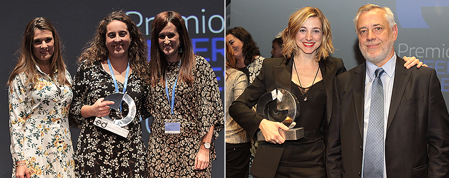 María Teresa Gómez, enfermera del servicio de Neumología de la Unidad de Cuidados Crónicos Respiratorios Ambulatorios recibe el premio de Calidad Percibida; la actriz Anna Moliner posa con Víctor Aznar al recibir el premio a 'Tiempos de Guerra'