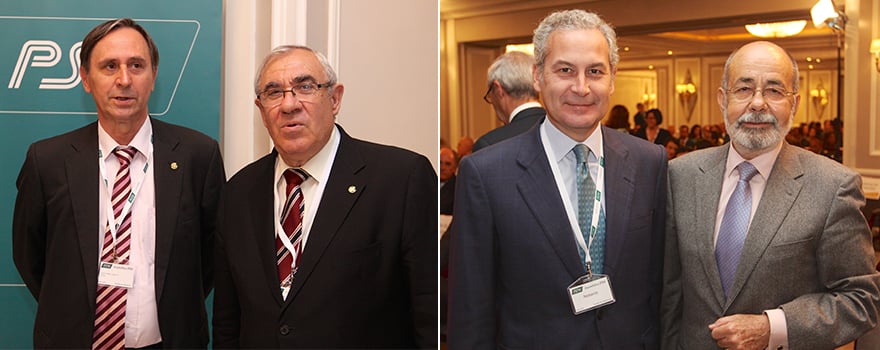 A la izquierda, los consejeros de PSN; Eudald Bonet i Bonet y Juan José Porcar. A la derecha, Luis Quiroga, notario de la Asamblea General, con Carlos Pedrosa, letrado del Consejo de Administración de PSN. 