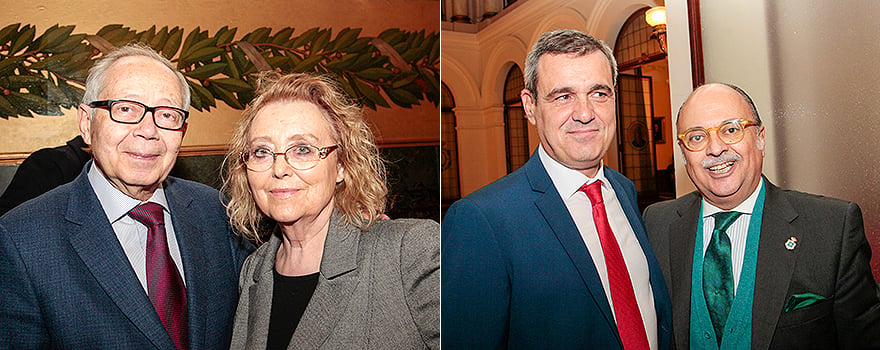 Julio Sánchez Fierro, vicepresidente del Consejo Asesor de Sanidad, con Milagros Calvo, magistrada del Tribunal Supremo. A la derecha, Pedro Casado con Pedro Hidalgo. 