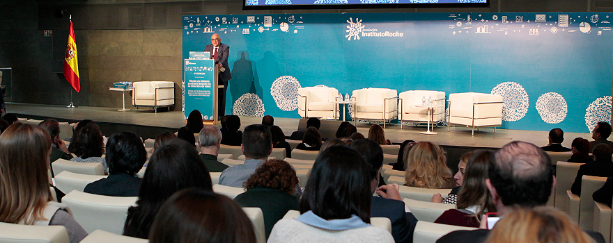 Apecto del auditorio Rafael del Pino, durante el discurso de  Plaza, lugar donde se ha celebrado la Jornada del Instituto Roche sobre la creación de valor en el sistema sanitario.