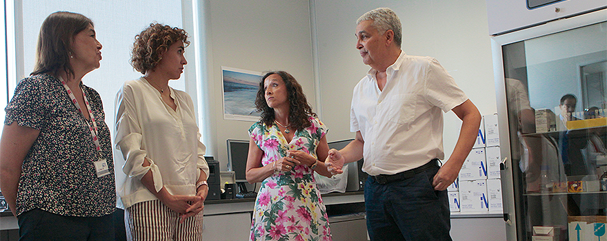 Belén Crespo y Dolors Montserrat dialogan con dos miembros del personal de la Aemps.