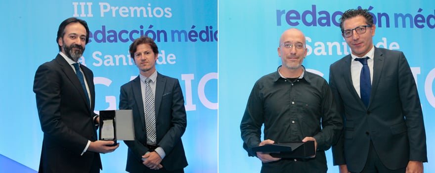 A la izquierda, Héctor Castro, presidente del Colegio de Farmacéuticos de A Coruña, y Óscar López, director de publicaciones de Sanitaria 2000. A la derecha, Alexandre de la Fuente, CEO de Nasasbiotech, e Iñaki Ortega, regional head manager de Roche Farma.