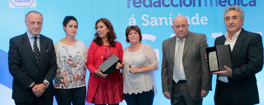 José María Pino, presidente de Sanitaria 2000; Diana Luque, matrona del banco de leche materna de EOXI Santiago; Margarita Prado Vaamonde, directora de Recursos Humanos del Sergas; Pilar Lugo, supervisora banco de leche materna de EOXI Vigo; Elías Ledo Vázquez, secretario de Down Galicia, y Marcelo de la Cruz Luzón. Secretario de la Junta Directiva de Fademga.