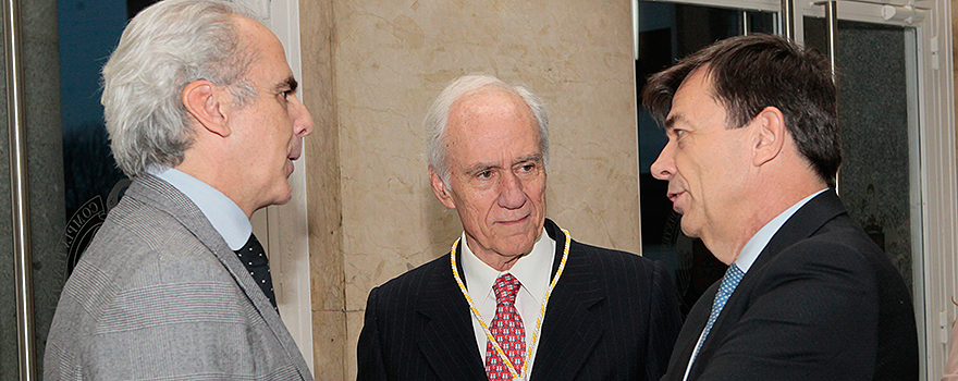 El consjero charla con el presidente de la Academia y el rector de la Universidad Complutense de Madrid, José Carrillo.