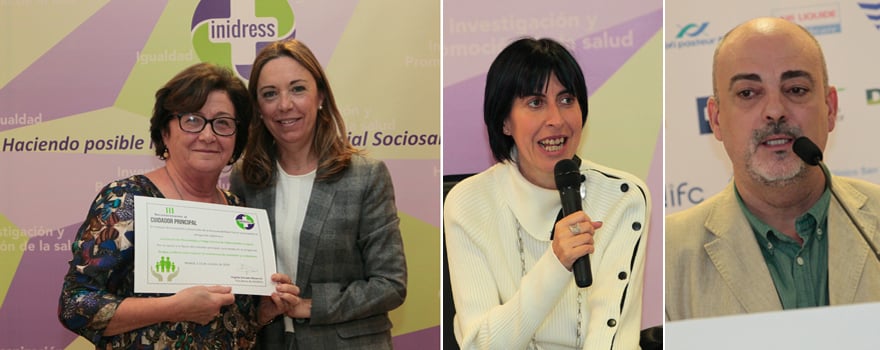 A la izquierda, María Dolores Valero, de la Asociación de Afectados por Fatiga Crónica de Villarrobledo, junto con Virginia Donado-Mazarrón. A la derecha, Carmen Arana, presidenta de Temyque y Salvador Aguilar, cuidador de la misma asociación.