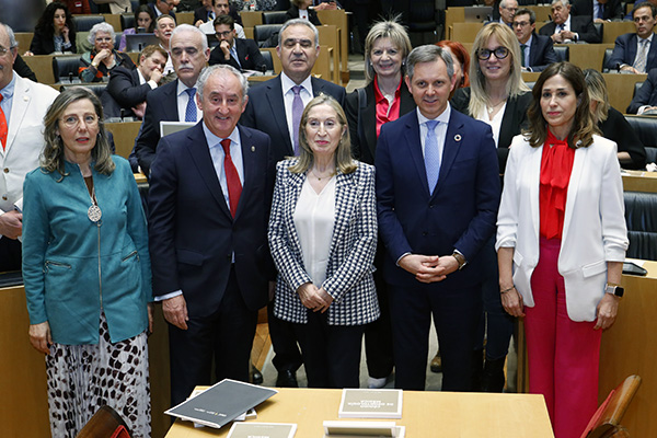 Rosa Arroyo, vicesecretaria de la Comisión del Parlamento del Consejo General de Colegios Oficiales de Médicos; Tomás Cobo; Ana Pastor; José Manuel Miñones; Rosa Romero, presidenta de la Comisión de Sanidad del Congreso. Detrás de ellos: Enrique Guilabert, José María Rodríguez, Elvira Velasco y Ana Prieto.