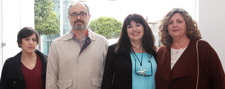 Ana Cáceres, responsable de la delegación en Extremadura de Feder; Manuel Carretero, miembro de Admo Extremadura; Virtudes Carrasco, presidenta de Admo, y Estrella Mayoral, de Feder.