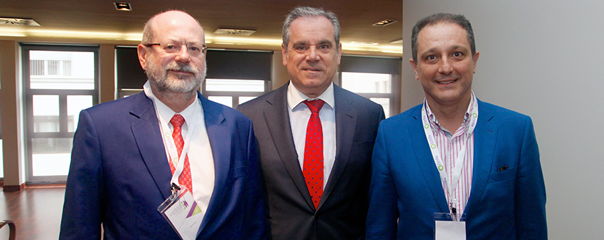 Luis Amaro, secretario del Consejo General de Farmacéuticos; Jesús Aguilar, presidente del Consejo Generla de Farmacéuticos, y Juan Pedro Rísquez, presidente del Colegio de Farmacéuticos de Jaén. 