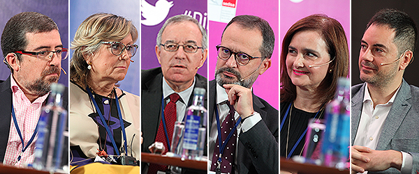 Félix Rubial, gerente del Área Sanitaria de Ourense, Verín y O Barco de Valdeorras; Ana Rodríguez, directora de Estrategia y RSC del Instituto Catalán de Oncología; José Soto, director gerente del Hospital Clínico San Carlos; Luis A. González, director gerente del Complejo Asistencial de Salamanca; María Dolores Acón, gerente del Hospital San Juan de Dios del Aljarafe; y Andrés Tendero, responsable de Humanización, Seguridad del Paciente y Calidad de la Gerencia de Atención Integrada de Villarobledo. 