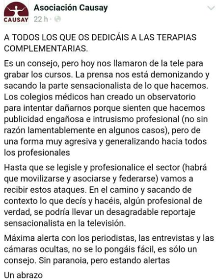 El mensaje publicado en Facebook por Causay. 