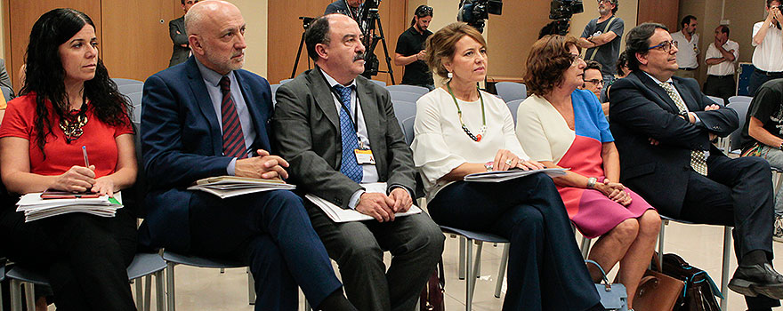 Patricia Lacruz, secretaria general de Cartera Básica de Servicios y Farmacia; Rodrigo Gutiérrez, director general de Ordenación Profesional; Aurelia Sánchez, consejera de Bienestar Social de la Junta de Comunidades de Castilla-La Mancha; Victoria Broto, consejera de Ciudadanía y Derechos Sociales de Aragón; y José María Vergeles, consejero de Sanidad y Políticas Sociales de la Junta de Extremadura