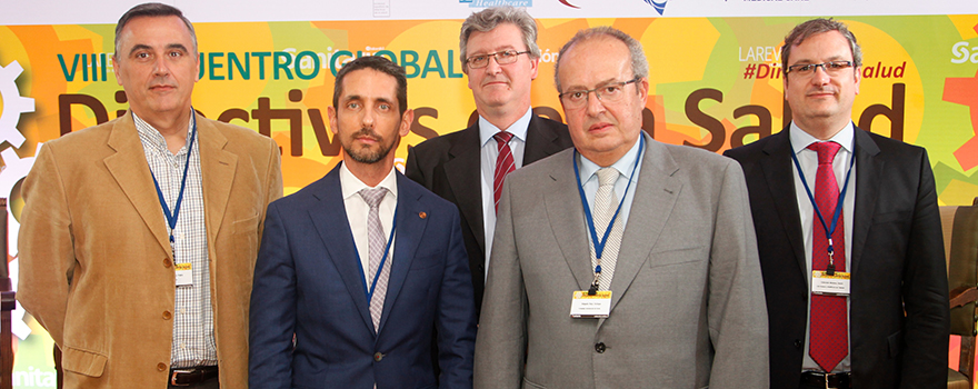 Pablo González Jerez, director territorial de Madrid de HM Hospitales; Eduardo López Collazo, director del Instituto de Investigación Sanitaria del Hospital La Paz de Madrid; Juan Pablo García Capelo, gerente del Hospital del Henares; Enrique Delgado Ruiz, gerente del Complejo Asistencial de Soria; yDavid Colorado Moreno, director de la práctica de Life Science y Healthcare de Talengo.